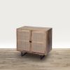 35 Inch Handcrafted Accent Cabinet with 2 Mesh Rattan Doors, Black Iron Legs, Natural Brown Mango Wood Frame