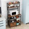 6-layer cabinet with double doors plus 10 S hooks, microwave oven rack, particleboard with triamine paste, 80*40*170cm, retro brown plate, black iron