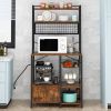 6-layer cabinet with double doors plus 10 S hooks, microwave oven rack, particleboard with triamine paste, 80*40*170cm, retro brown plate, black iron