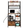 6-layer cabinet with double doors plus 10 S hooks, microwave oven rack, particleboard with triamine paste, 80*40*170cm, retro brown plate, black iron