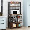 6-layer cabinet with double doors plus 10 S hooks, microwave oven rack, particleboard with triamine paste, 80*40*170cm, retro brown plate, black iron