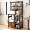 6-layer cabinet with double doors plus 10 S hooks, microwave oven rack, particleboard with triamine paste, 80*40*170cm, retro brown plate, black iron